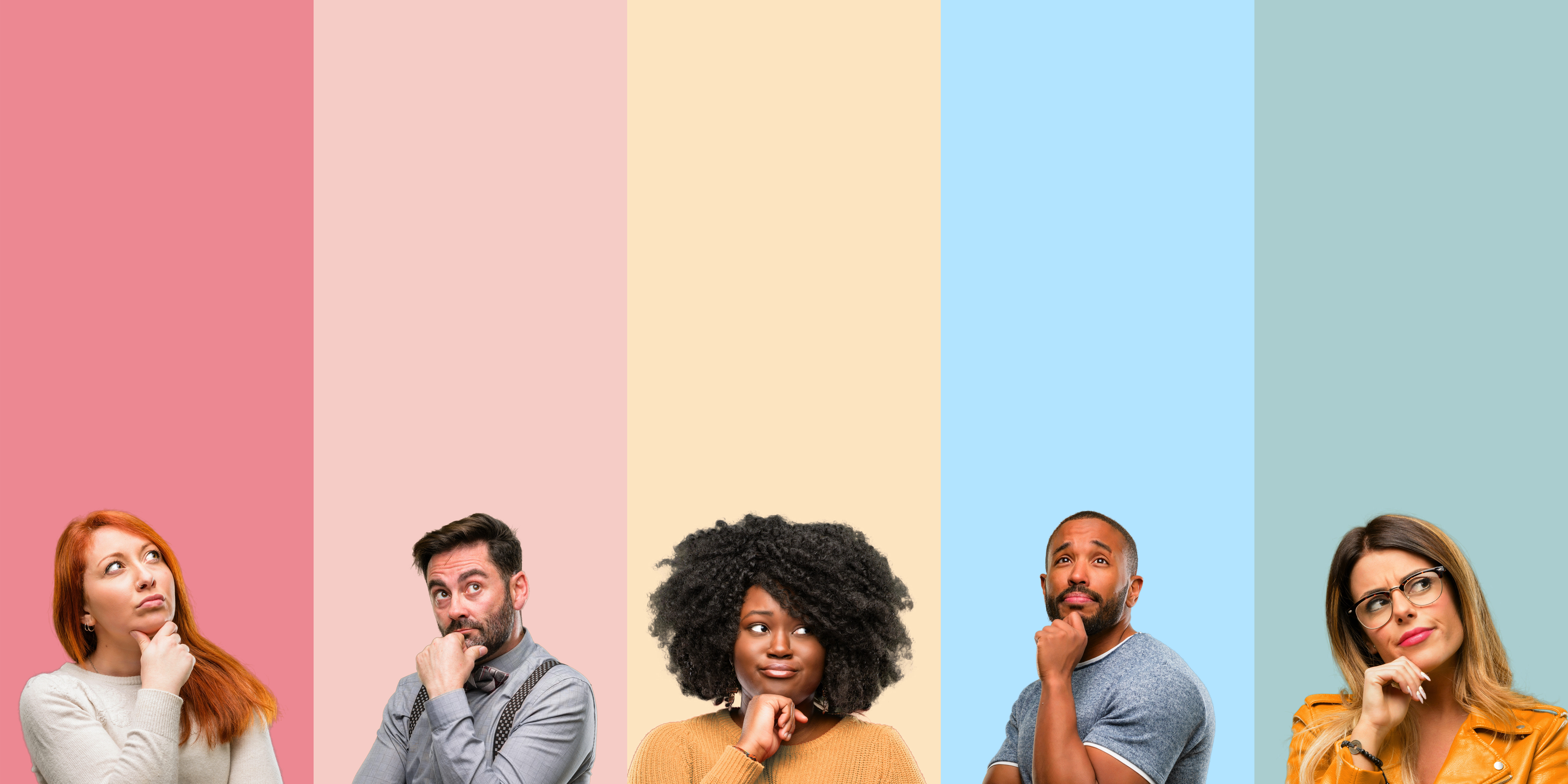 Cool group of people, woman and man thinking and looking up expressing doubt and wonder